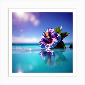 Turquoise Blue Ocean with Purple Hibiscus Flower Art Print