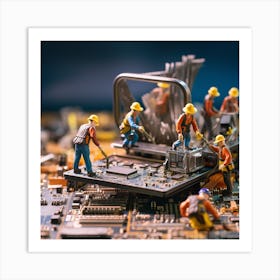 Miniature Workers On A Circuit Board 1 Art Print