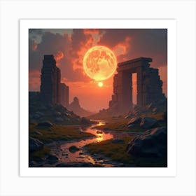 Ancient Ruins Glowing With Magical Energy At Sunset 1 Art Print