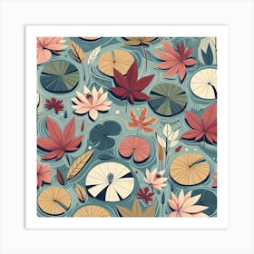 Scandinavian style, Surface of water with water lilies and maple leaves 3 Art Print