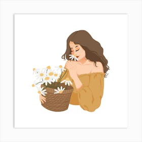 Girl Smelling Daisies Art Print