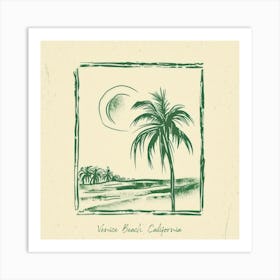 Venice Beach, California Green Line Art Illustration Art Print