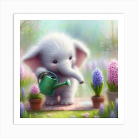 Little Elephant Watering Flowers Art Print
