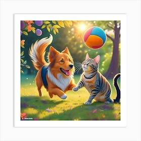 Cat And Dog Playing Art Print