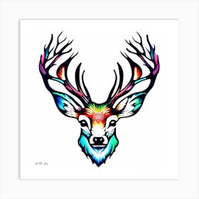 Abstract Color Minimal Head Illustration Of A Grown Deer With Magnificant Antlers 1 Art Print