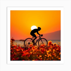 Silhouette Of A Cyclist At Sunset Art Print