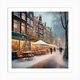 Amsterdam cafes, winter season, Christmas, pale colors, pedestrians in the street, winter clothes, falling snow.12 Art Print