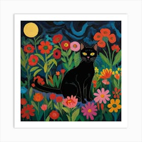 Black Cat In The Garden With Flowers At Night Art Print