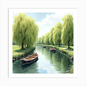 A Picturesque English River With Rowing Boats And Willow Trees, Watercolor Art Print