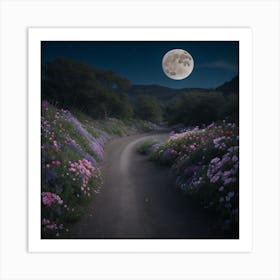 Full Moon Over Flowers Art Print