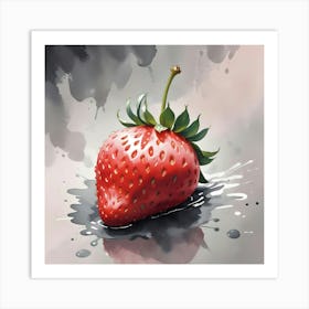 A Single Strawberry With Green Leaves Sits On A Gray Surface With Black Paint Splatters Art Print