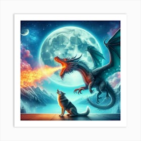 Fire Breathing Dragon and Wolf Art Print