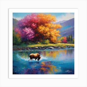 Bison In The River Art Print