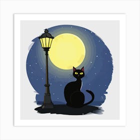 Black Cat Sitting Calmly Under A Glowing Art Print