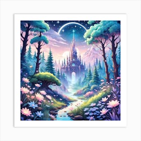 A Fantasy Forest With Twinkling Stars In Pastel Tone Square Composition 37 Art Print