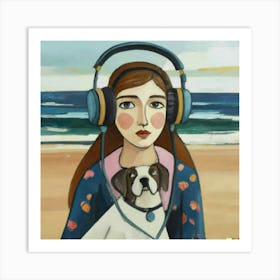 Girl With Headphones And Dog Art Print