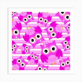 Pink Owls On A Striped Background Art Print