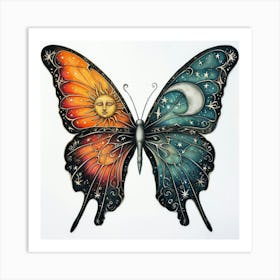 Celestial Butterfly Sun and Moon Symbolism in Day and Night Art Art Print