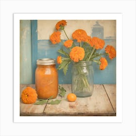 Rustic Orange Marigolds in Mason Jar: Farmhouse Kitchen Wall Art Art Print