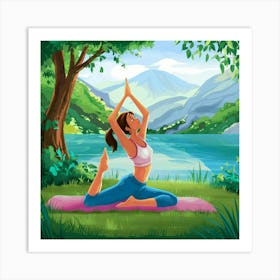 Woman Practicing Yoga In The Forest Art Print