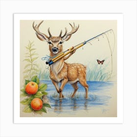 Deer With A Fishing Rod Trying To Catch 2 Art Print