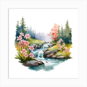 Watercolor Landscape With Flowers Art Print