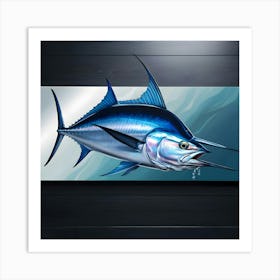 A Breathtakingly Rendered Illustration Of A Majestic Bluefin Marlin, Meticulously Mounted On A Sleek, Dark Stained Wooden Wall, With Meticulous Attention To Detail, Showcasing The Fish S Iridescent Blue And Silver Scales Glimmering 1 Art Print