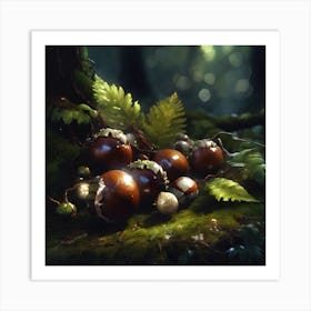 Autumnal Woodland with Conkers, Ferns and Moss Art Print