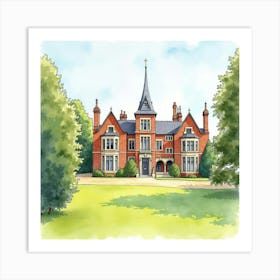 Watercolor Scene Of The Thornton Manor In Cheshire, Capturing Its Grand Design And Beautiful Grounds Art Print