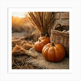 Autumn Pumpkins In A Basket Art Print