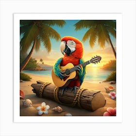 A Colorful Parrot Playing A Guitar On A Beach At Sunset Art Print