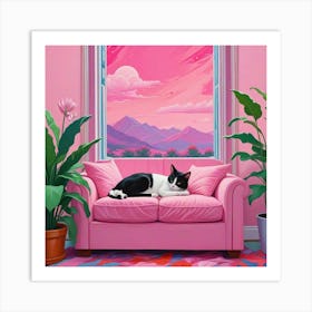 Cat On A Pink Couch 1 Art Print