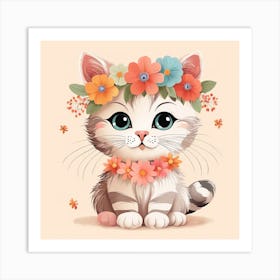 Floral Baby Cat Nursery Illustration (26) Art Print