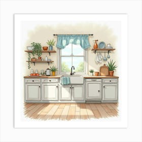 Elegant Kitchen Scene In Watercolor, Soft And Refined Palette 1 Art Print