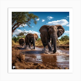 Elephants Crossing A River Art Print