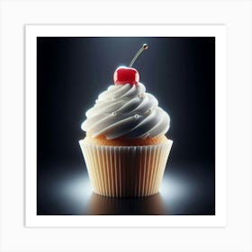 Scrumptious solitariness of a cupcake with a cherry on top, sitting pretty on a reflective surface, illuminated by a spotlight in the inky blackness of the void Art Print