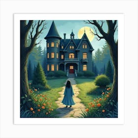 Horror Being In A Watercolor Haunted Mansion S Garden 1 Art Print