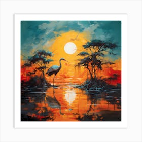 Goldleaf Symphony: Cranes in Turquoise Water Art Print