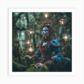 Blue Steampunk Mossy Forrest Lantern Mistress Art Print