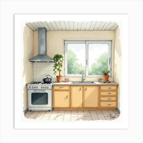 Beautiful Kitchen Setup, Watercolor, Serene Atmosphere 1 Art Print