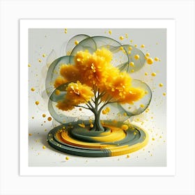 A 3D Rendering Of A Tree With Bright Yellow Leaves And An Abstract Style 2 Art Print