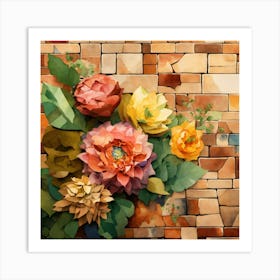 Paper Flowers On Brick Wall Art Print