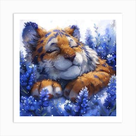 Lena1987 Cute Newborn Tiger In Flowers Blue White Grey Colours Art Print