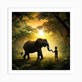 Elephant with a boy in the Jungle Art Print