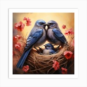 Bluebirds In Nest, A Pair Of Birds Building A Nest Representing Love Home And Family Art Print