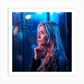 Firefly Pensive Woman At Rainy Bus Shelter With Neon Glow 54105 Art Print