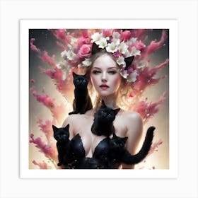 Black Cats And Roses Art Print