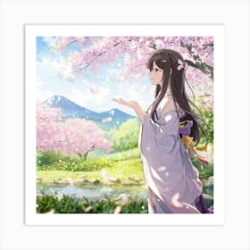 Anime Girl Serene Expression Eyes Gazing Into The Distance Stoic Posture Standing Under Cherry B Art Print