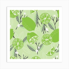 Lime Pattern With Floral Decoration On Pastel Green Square Art Print