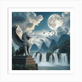 Lion And Waterfall Art Print